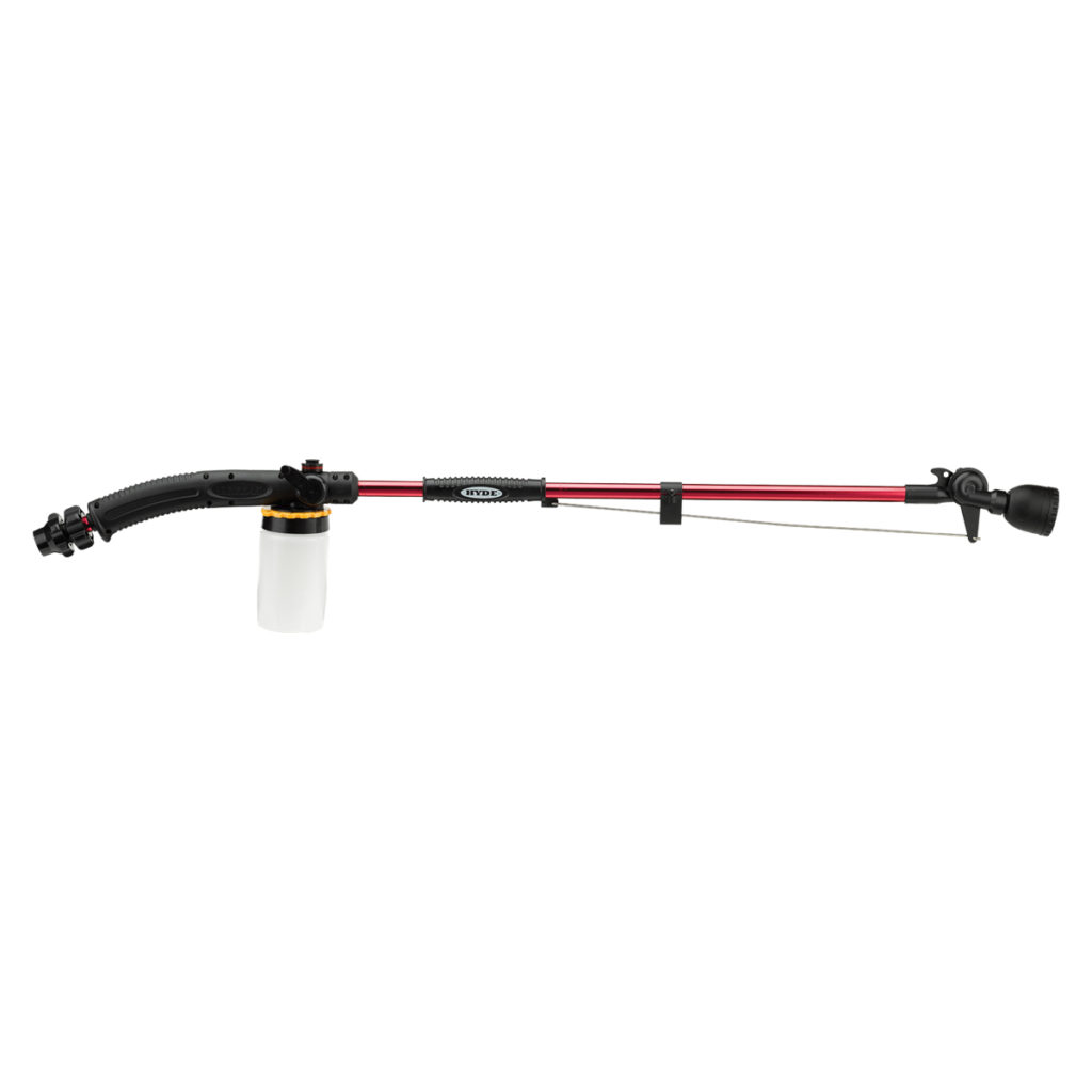 Adjustable watering wand with product reservoir for lawn and landscape applications.